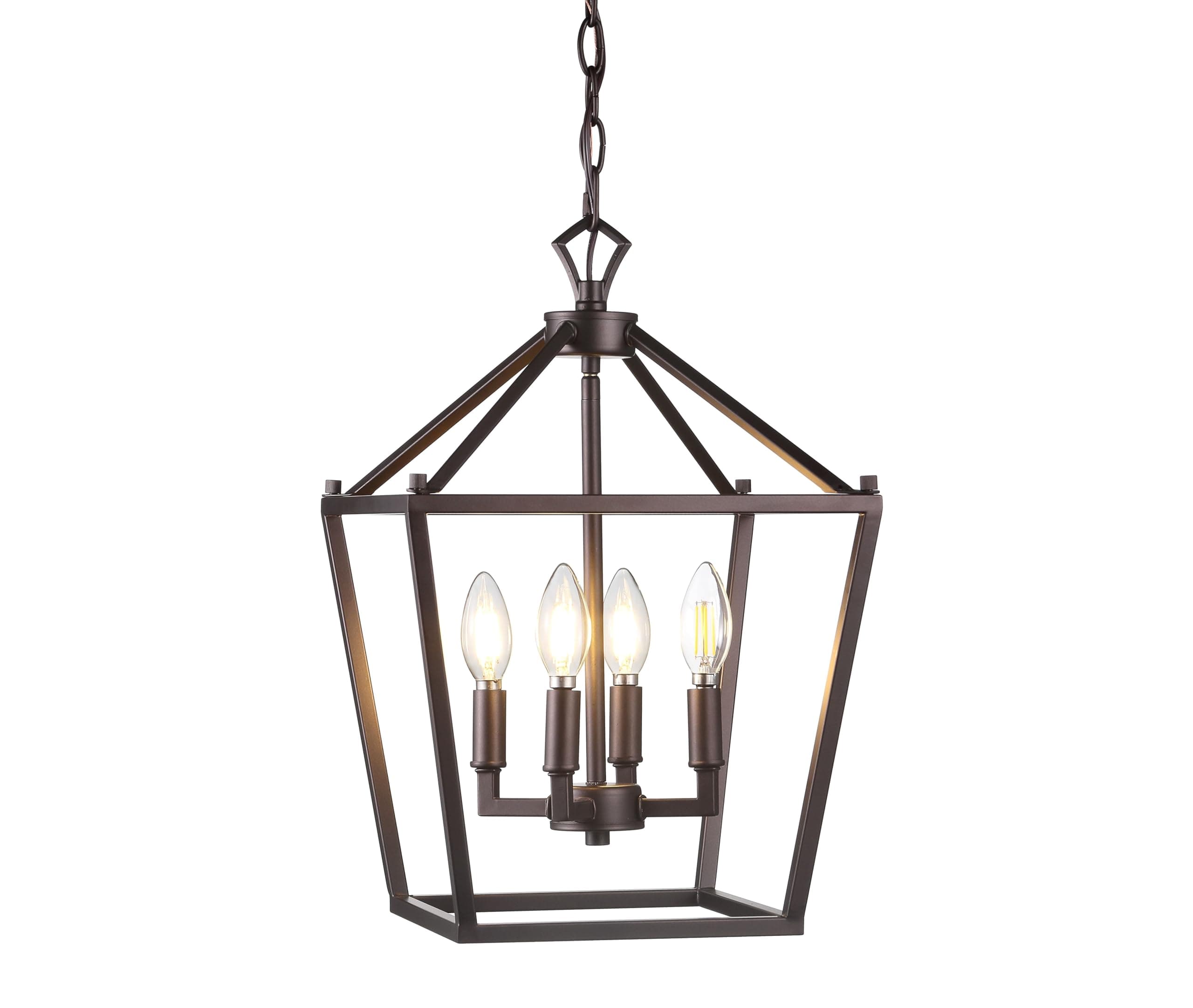JONATHAN Y 12" Oil Rubbed Bronze Lantern Pendant Light, 4-Light Pagoda Style Metal Cage Farmhouse Hanging Ceiling Fixture for Kitchen Island, LED Bulb Included (JYL7436A)