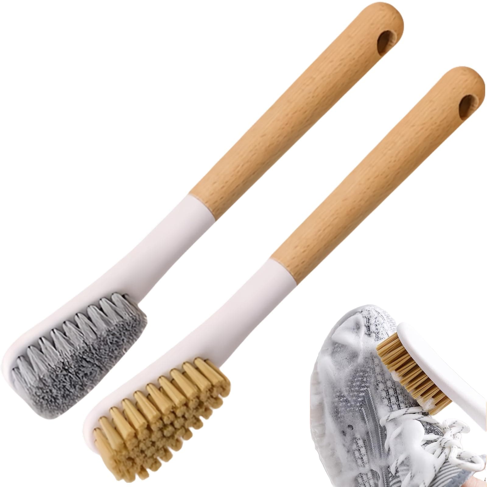 2 Pack Wood Laundry Scrub Brush Soft Bristles Cleaning Brush Long Handle Clothes Brush Laundry Brush for Stain Removal on Clothes Fabrics Sneaker Shoes Cleaner Brush