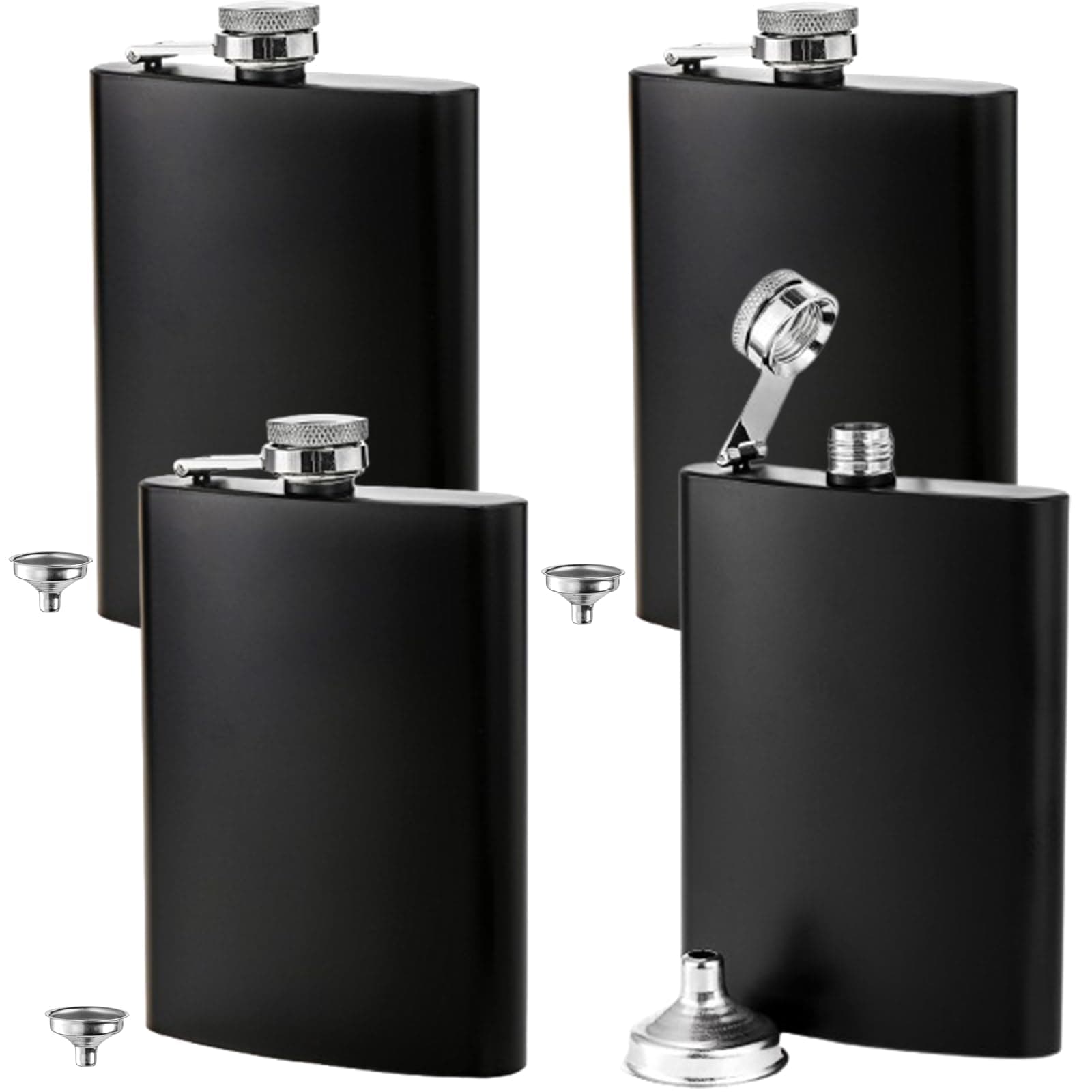 Tebery 8 oz Stainless Steel Black Hip Flask Set Leakproof Flask with Free Bonus Funnel Great Groommans or Bridal Wedding Gift, Set of 4
