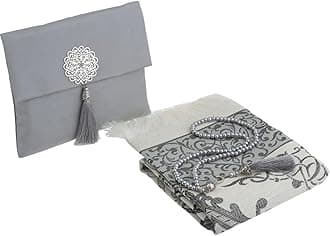Prien Muslim Prayer Rug with Tasbih and Portable Bag, Muslim Gift for Women Men, Mubarak Islamic Box, Soft Mat Islam Gifts Set, Turkish Sajadah for Ramadan, Eid, Hajj, Travel, Pray (Grey)