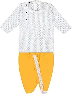 SuperminisBoy's Cotton Kurta with Dhoti - Golden Thread Work, Round Collar, Full Sleeves, Side Button Kurta Set for Ethnic Wear