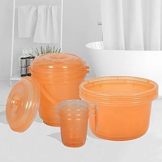 Kuber Industries Plastic Set of 9 Bathroom Combo Set - 3 Piece Tub-25 L with 3 Piece Bucket-13 L & 3 Piece Mug-1100 ml Bathing Set Transparent Orange