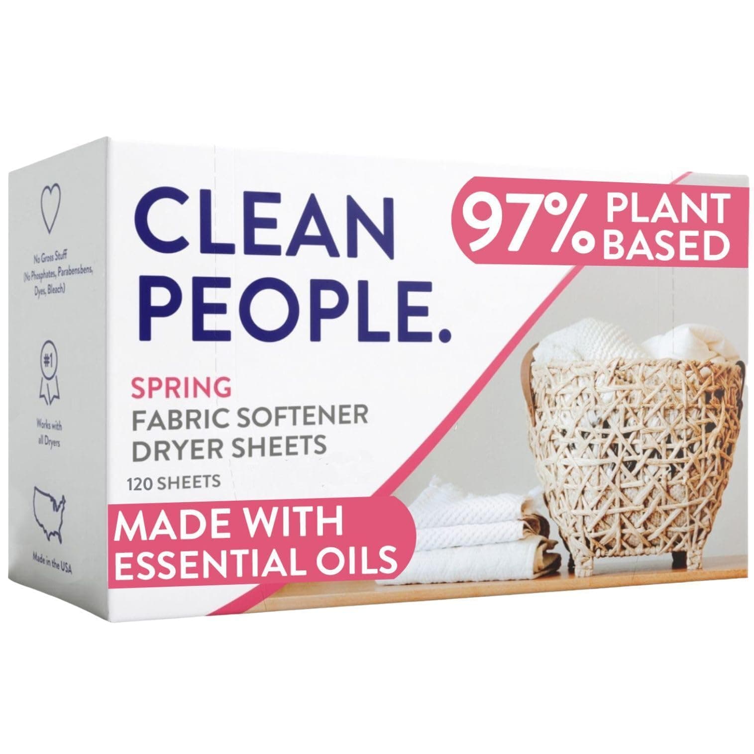 Clean People All Natural Fabric Softener Sheets - Plant-Based, Eco Friendly Dryer Sheets - Naturally Softens & Removes Static Cling - Vegan Laundry Softener With Essential Oils - Spring Scent, 2 x 80