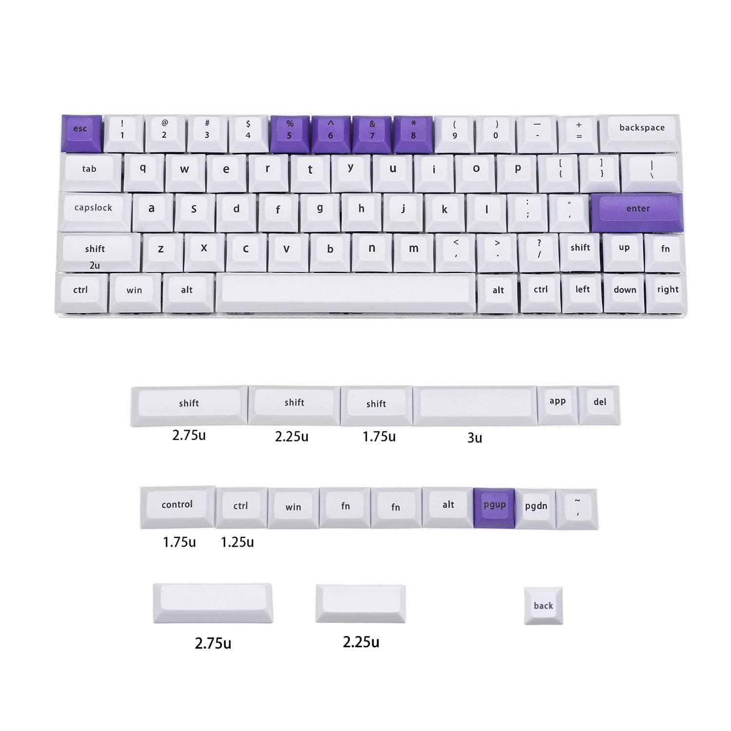 YMDK DSA Profile 61 64 68 Minila Dye Subimation 60% Keycaps Thick PBT Keycap Set for Cherry MX GH60 XD64 GK64 Tada68 Minila DZ60 SP64 (White Purple Mixed)(Only Keycap)