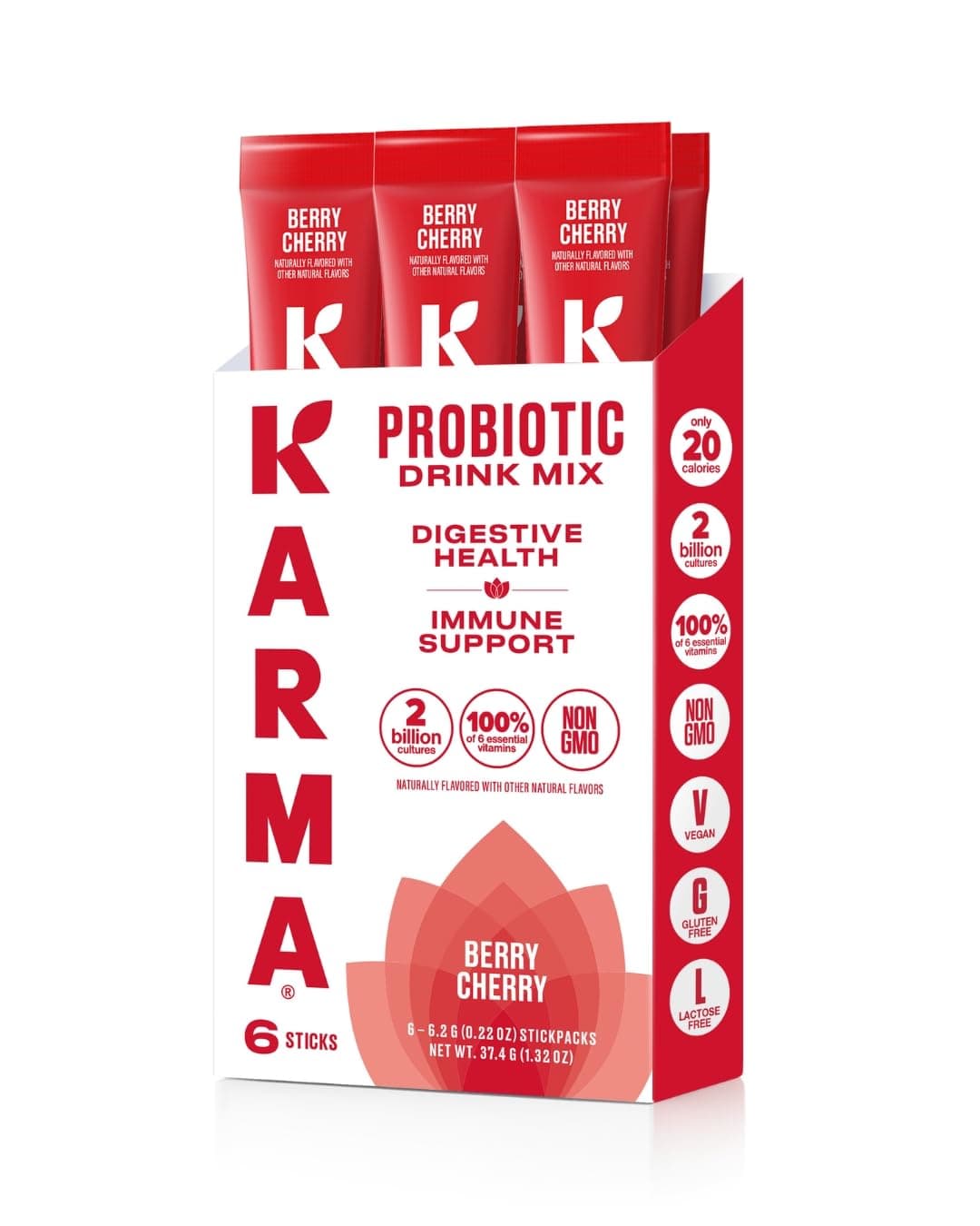 Karma Probiotic Hydration Packet - 6 Pack, Berry Cherry Powder Drink Mix Stick - On-The-Go Immune & Gut Health Support