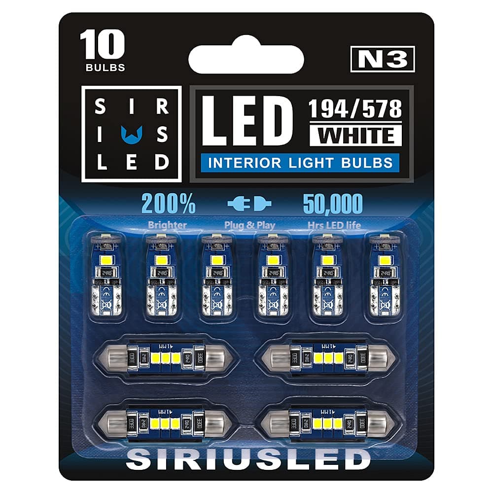 SiriusLED SIR IUS LED N3 578 211-2 212-2 41MM and 194 168 2825 Combo LED bulbs white Super Bright 300 Lumens for The USA Car Truck Interiors Map License Plate Lights pack of 10
