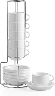 - Porcelain Espresso Cup & Saucer Set, Stackable Demitasse Cups with Metal Stand, 2.5 OZ for Latte,Coffee,Cafe Mocha,Tea, Set of 6(White)
