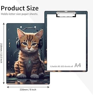 Plastic Clipboards, 9 x 12.5 Clip Boards with Low Profile Clip, Cute Clipboard Clip Board Stardard A4 Letter Size with Notes for Classroom,Office,Students,Women,Cat with Headphones