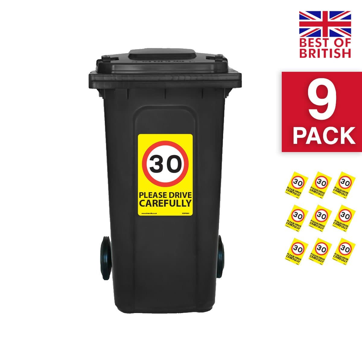 30 Mph Speed Signs [9 X Pack] - A4 Vinyl Stickers, Yellow Background Ideal For Wheelie Bins