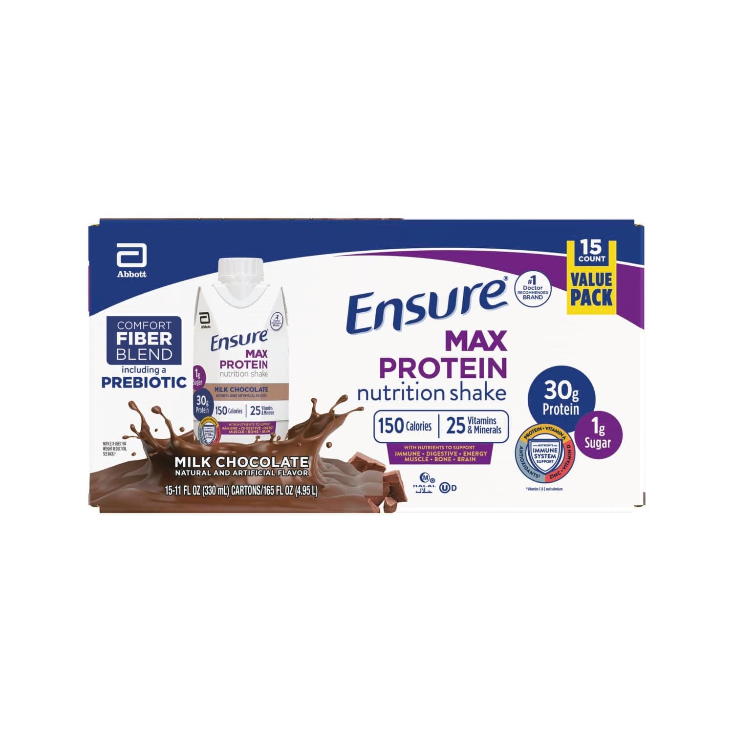 Ensure Max Protein Milk Chocolate Nutrition Shake, 30g Protein, 1g Sugar, 4g Fiber Blend, 15 Pack