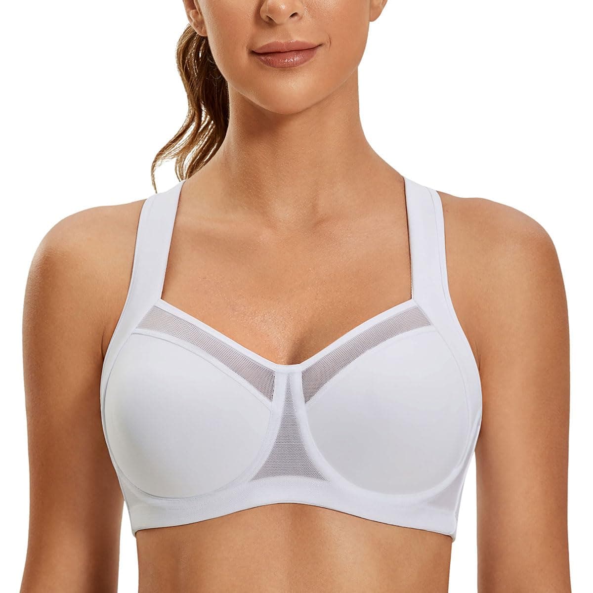 Women's High Impact Sports Bra Support Underwire Unlined Mesh Adjustable Racerback Bra White - A217A 36E