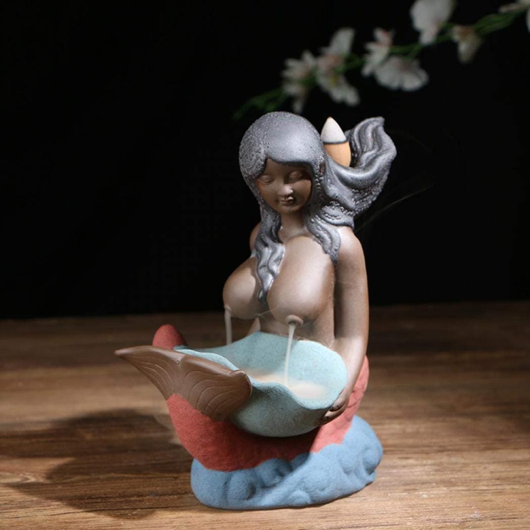 Incense Burner, Backflow Incense Holder Ceramic Mermaid Incense Cones Burner Incense Stick Holder Backflow Incense Burner with 10 Free Cones Home Decoration Handicraft Gift (Blue Hair)