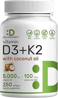 DEAL SUPPLEMENT Vitamin D3 5,000 IU + K2 MK7 100mcg Softgels | 2-in-1 Complex with Virgin Coconut Oil | Supports Heart, Bone, Teeth & Immune Health | Easy to Swallow