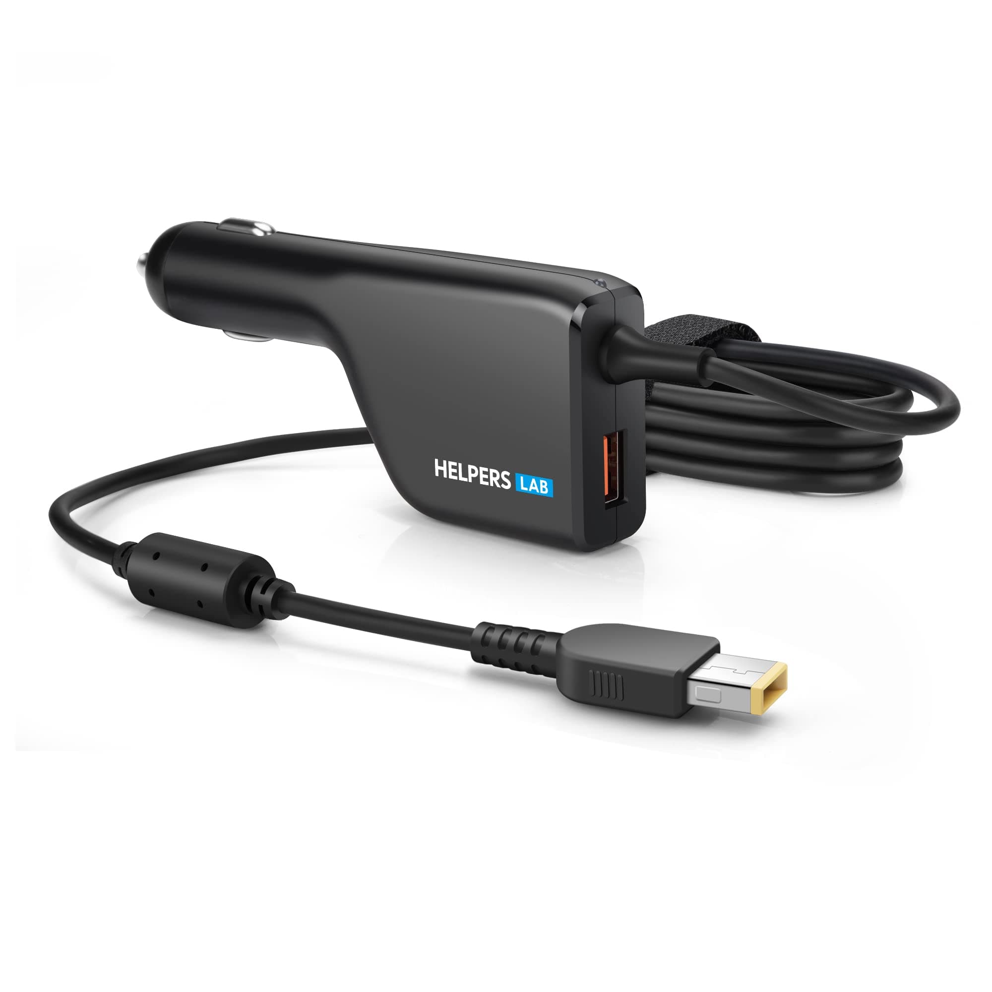 helpers lab 20V 4.5A 90W Car Charger Adapter Battery Charger For Lenovo Laptops, USB Port with Quick Charge 3.0, Yellow Square Connector, Compatible with Thinkcentre, Bold Style, Laptop Car Charger