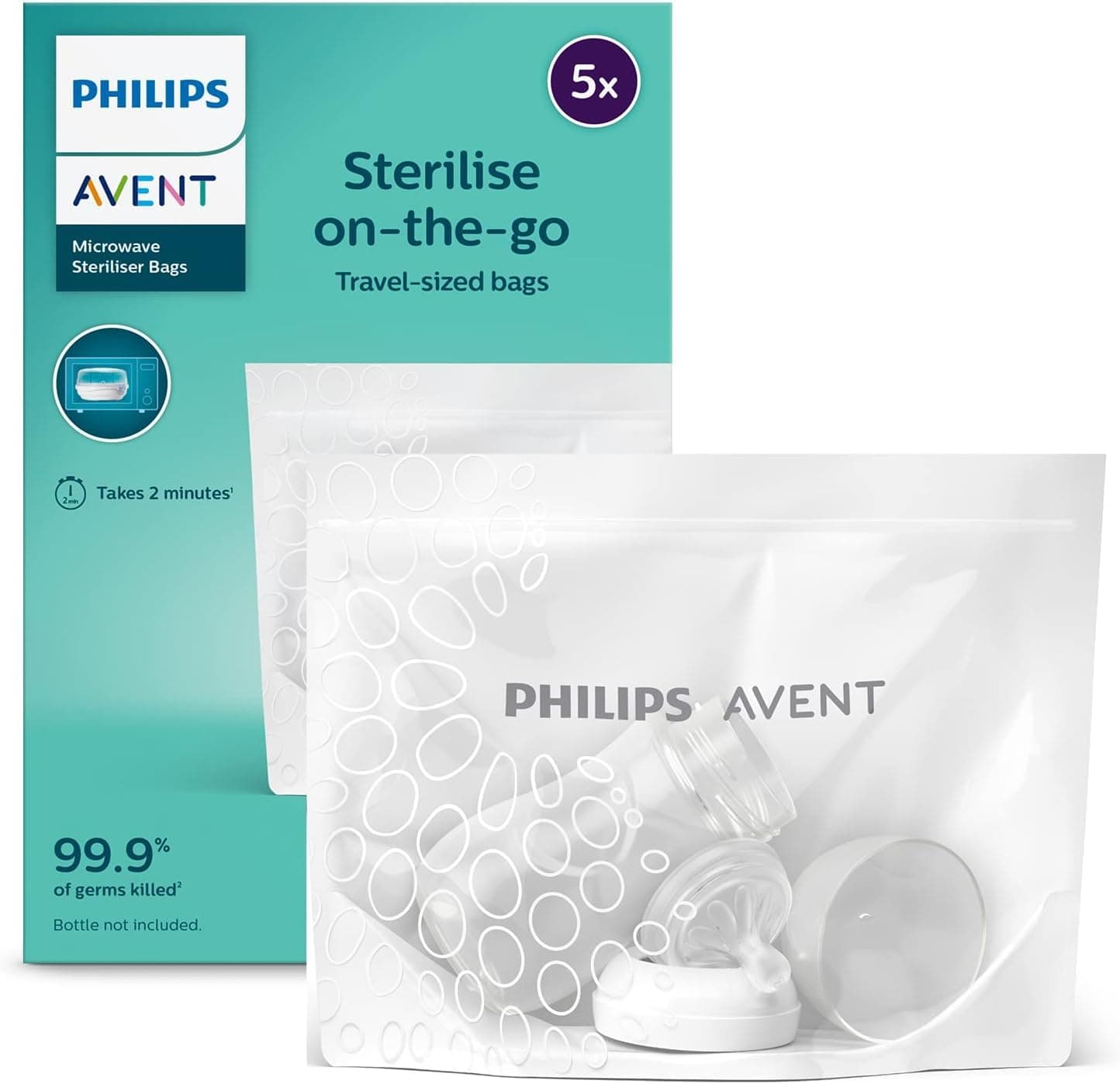 AVENT Philips Microwave Sterilizing Bag Scf297/05 | Kills 99.9% Germs | Sterilizes Bottles, Breast Pump and Baby Products in 90 Sec | 100 Sterilization Cycle in One Pack | Pack of 5 Bags (White)