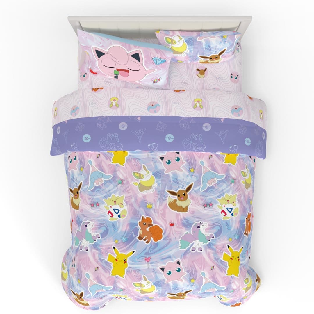 Pokémon Eevee, Pikachu, Jigglypuff Girl Bedding Soft Cozy Reversible Microfiber Comforter and Sheet Set with Sham, 7 Piece Full Size, (Official Licensed Product) by Franco Kids
