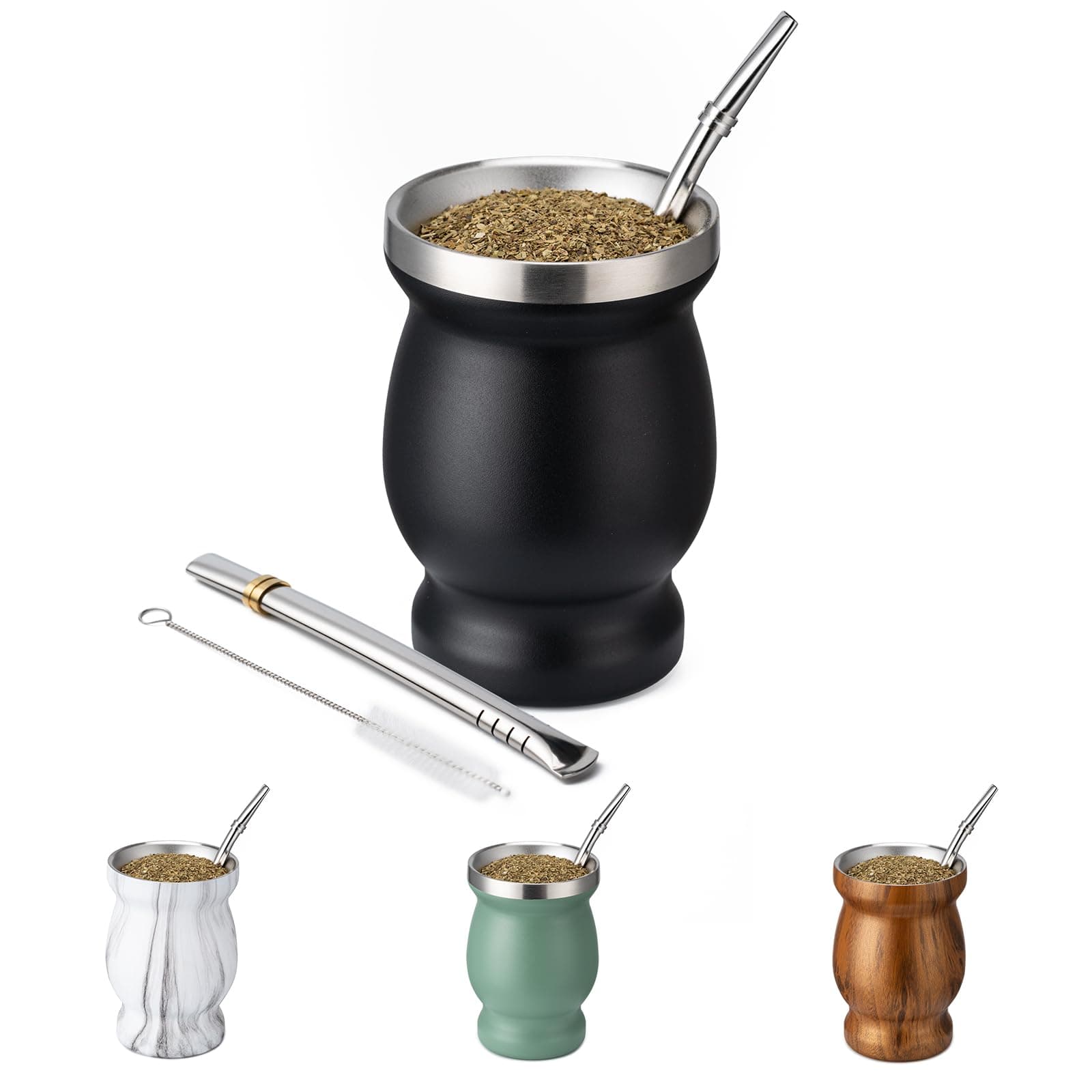 8oz Yerba Mate Cup, 304 Stainless Steel Double-Wall Mate Cup, Heat Insulation Yerba Mate Gourd, Tea Cup Set Includes Cleaning Brush & 2 Bombillas (Black)