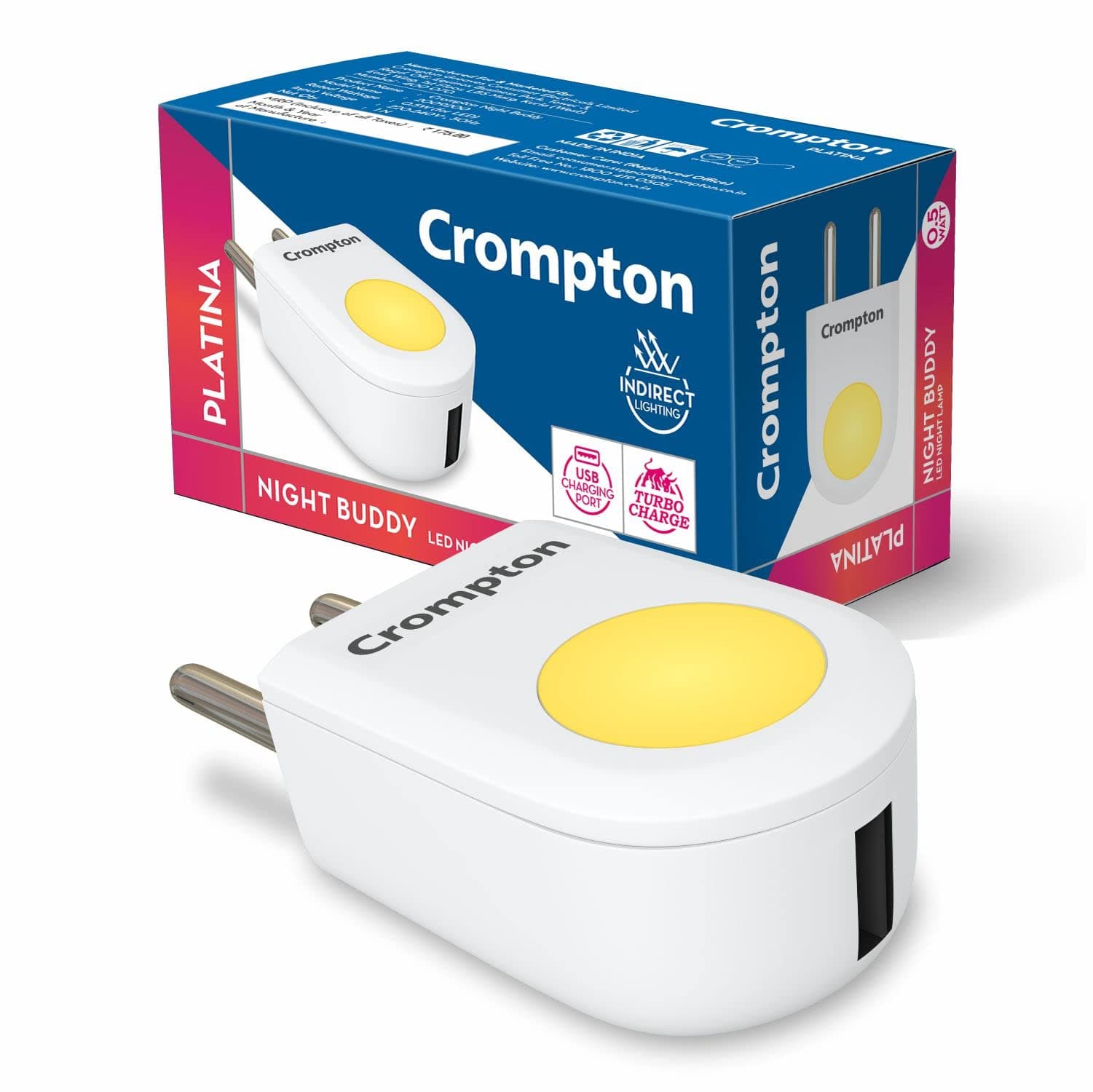 Crompton Night Buddy USB Charger + Lamp | 0.5 W | Warm White | Turbo Charge | Indirect Lighting | USB Charging Point | 2 Pin Plug | Less Power Consuption | Pack of 1 LED