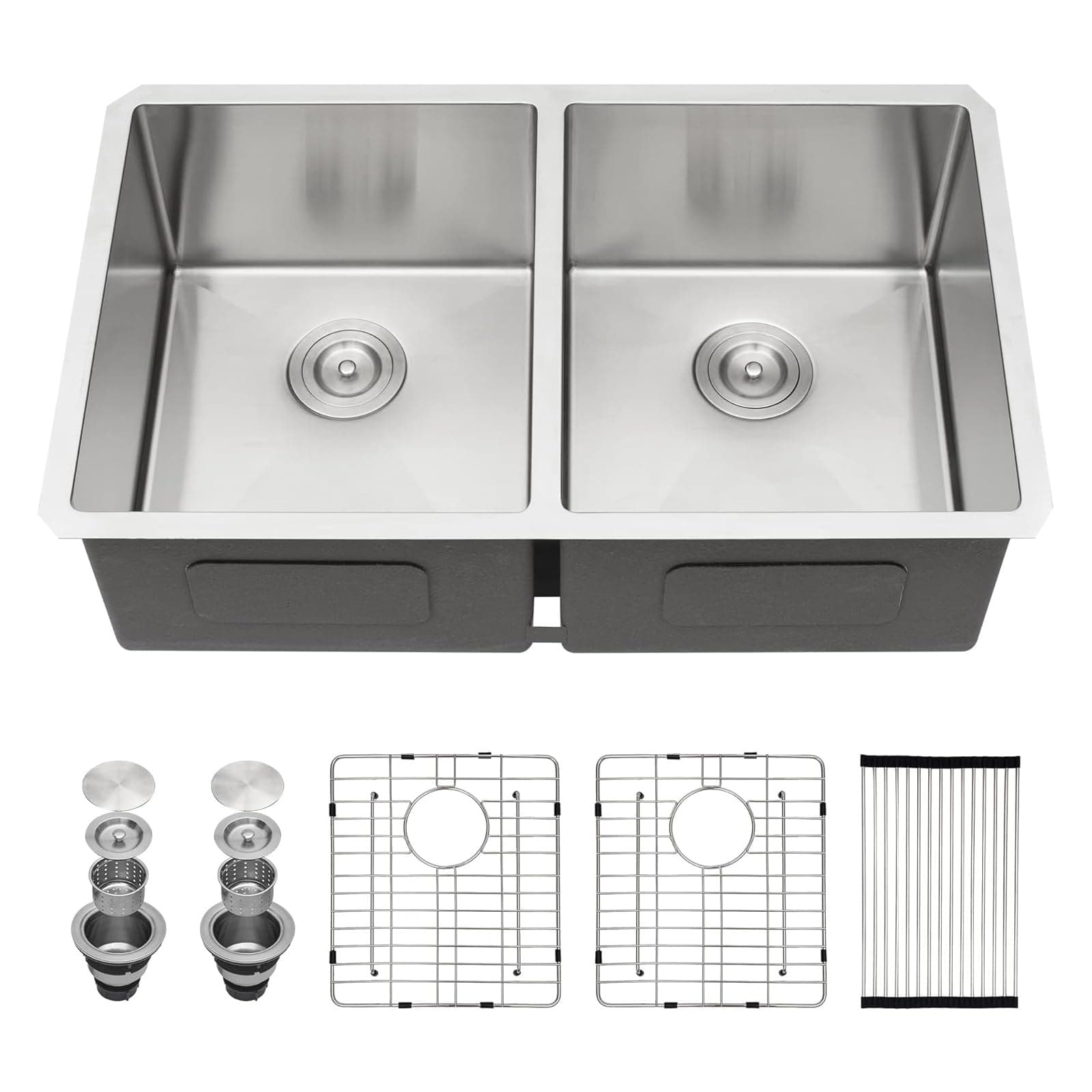 Sarlai 33 Undermount Sink Double Bowl - 33x19 Kitchen Sink Undermount Stainless Steel 16 Gauge Round Corner Double Bowl 50/50 Sink Basin