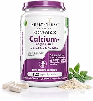 HealthyHey Nutrition Calcium And Vitamin D3 Capsules | Calcium Capsules For Women & Men | Calcium Magnesium Supplements with Vitamin D3 + K2 MK7 - Bone Health & Joint Support (120 Capsules | 100% Veg)