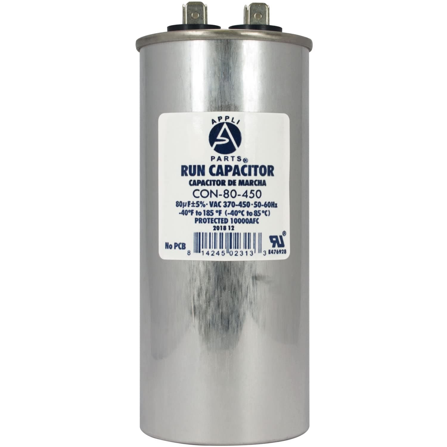 AP APPLI PARTS Run Capacitor for ac 80 Mfd uF (microfarads) 370 VAC or 450 VAC CBB65 Round Universal fit for hvac and other applications 5-1/4 in High 2 in Wide CON-80-450