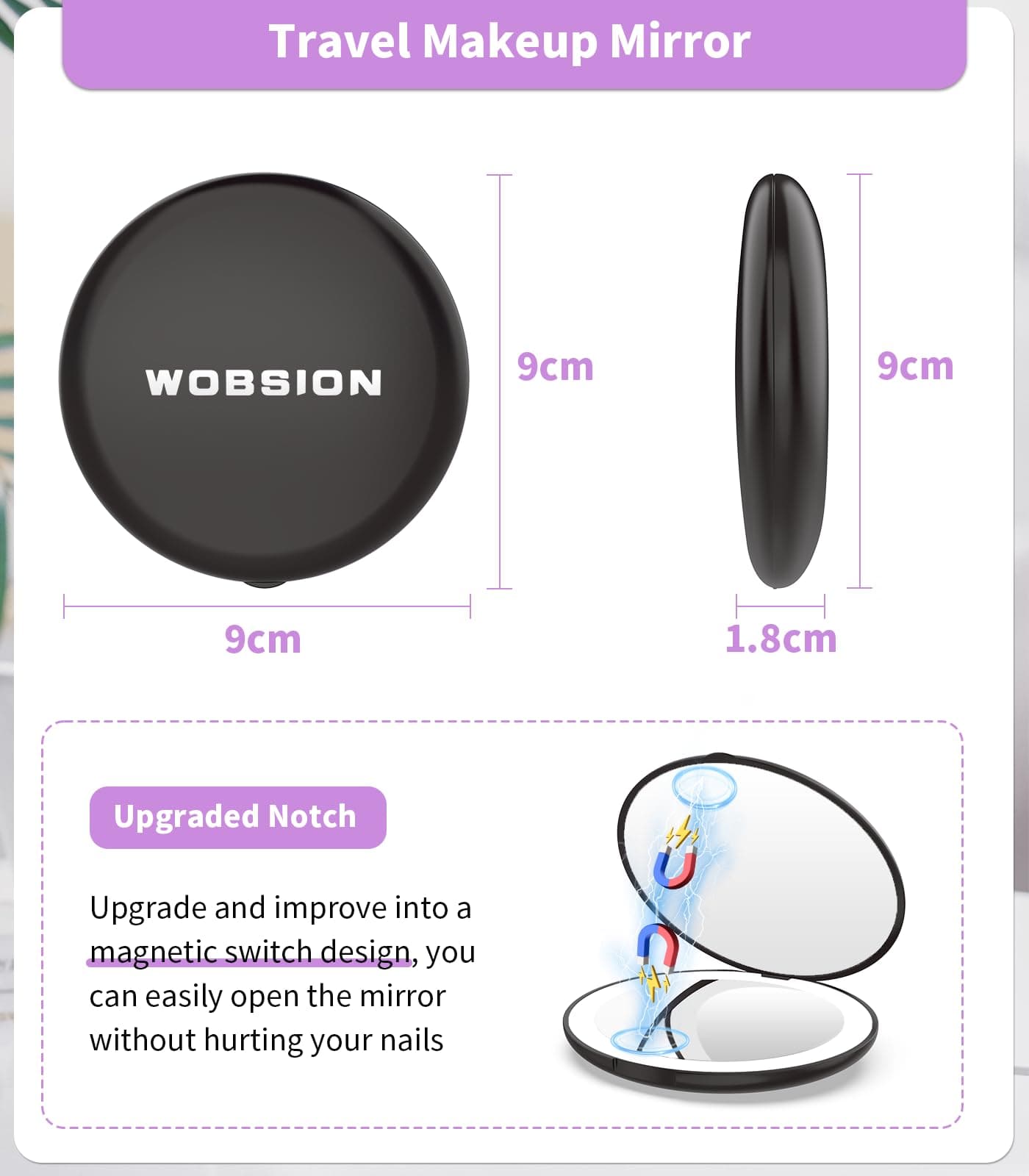 WOBSION Compact Mirror with Light, 1x/10x Magnifying Travel Makeup Mirror, LED Pocket Mirrors for Purse and Handbag, Handheld 2-Sided Small Folding Mirrors, Round, Black
