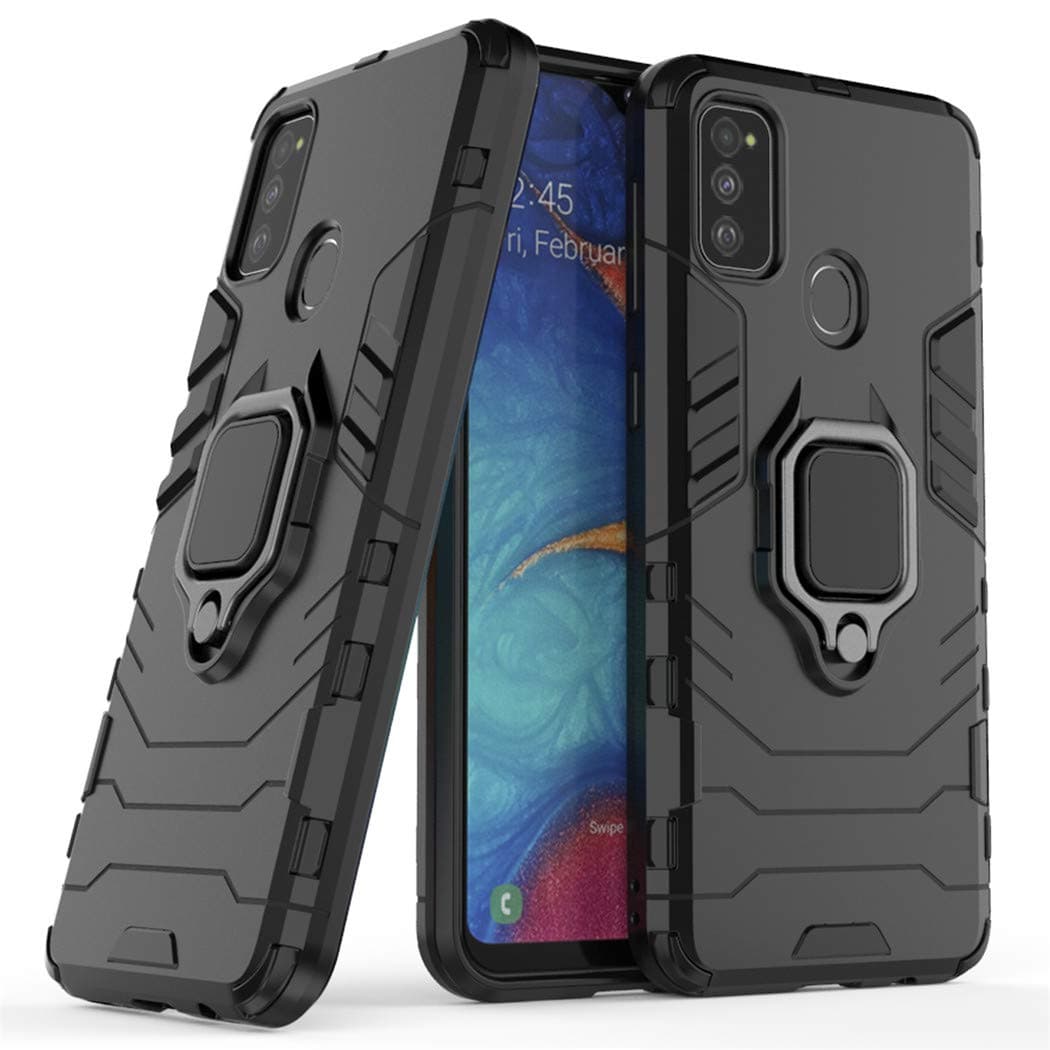 Compatible with Samsung Galaxy M30S, Galaxy M21 Case, Metal Ring Grip Kickstand Shockproof Hard Bumper (Works with Magnetic Car Mount) Dual Layer Rugged Cover (Black)