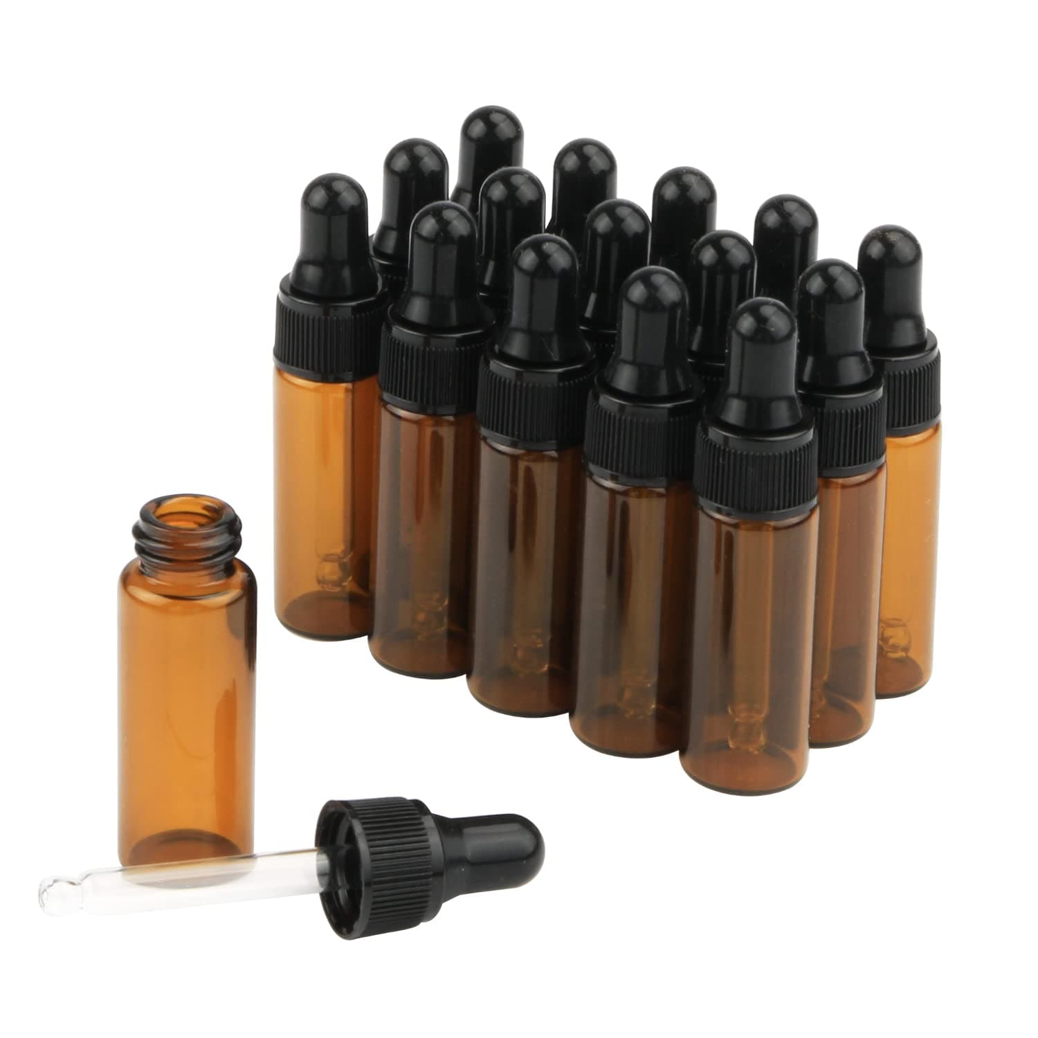15Pcs Amber Glass Dropping Bottles 1ml 2ml 3ml 5ml Mini Essential Oil Dropper Bottles Empty Travel Sample Vials with Black Cap (5ml)