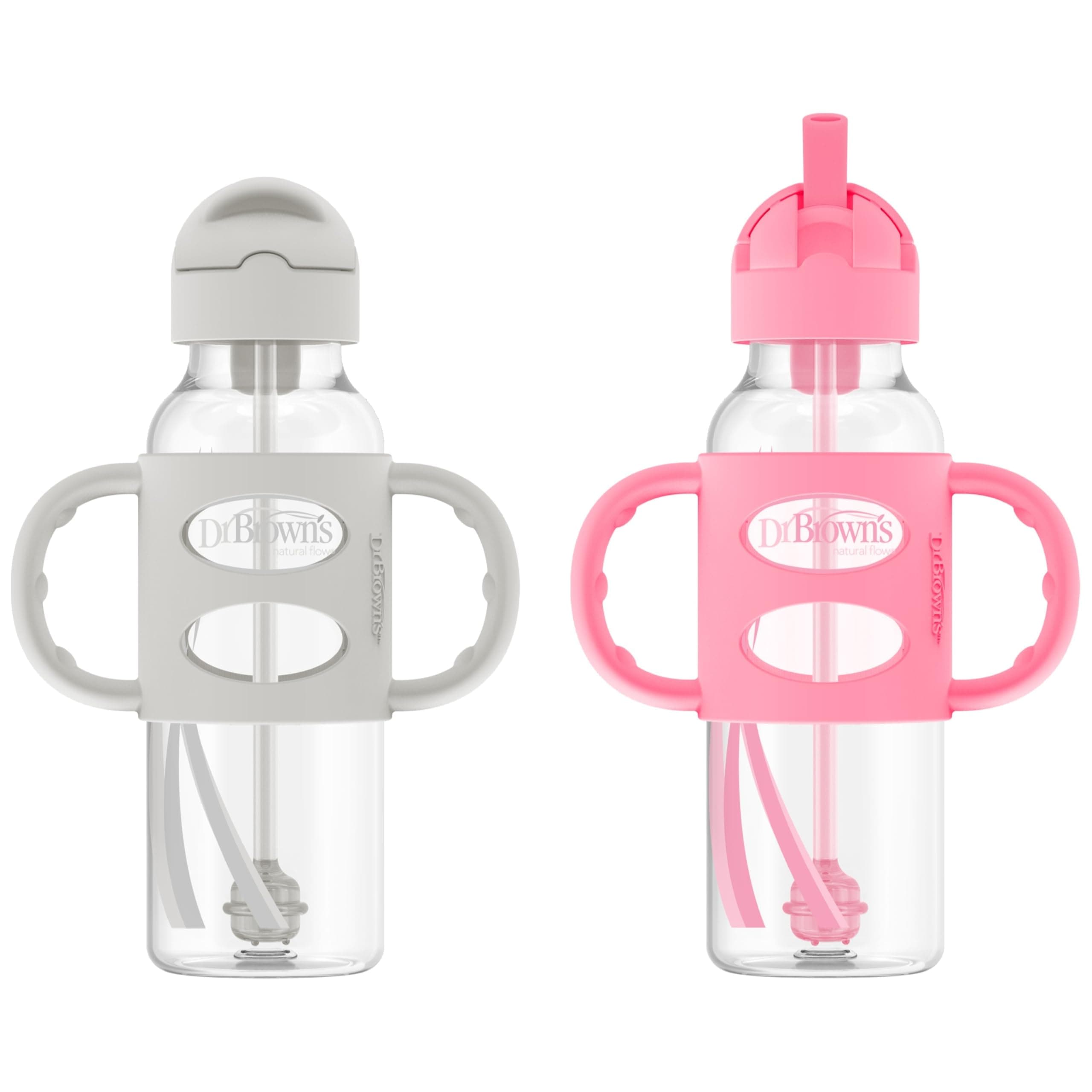 Milestones Narrow Sippy Straw Bottle, Spill-Proof with 100% Silicone Handles and Weighted Straw, 8 oz/250 mL, Gray/Pink, 6m+