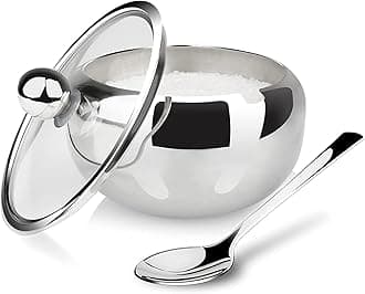 Stainless Steel Sugar Bowl with Lid and Spoon, Serving Dish, Clear Glass Lid, Storage for Salt, Candy, Coffee, Holds 1 Cups, Dishwasher Safe (A-Small)