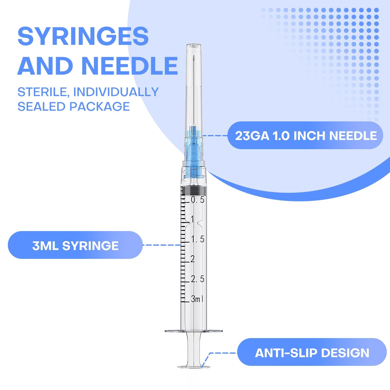 3ml Syringes with 23G 1 Inch Needles for Lab, Individually Packaged of 100