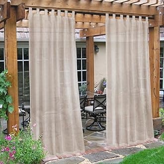 Outdoor Linen Sheer Curtains for Patio Waterproof - Indoor/Outdoor Divider Privacy Added Light Filtering Porch Decor with Detachable Self-Stick Tab Top for Gazebo/Cabana, Natural, 2 Pieces, W52 x L108