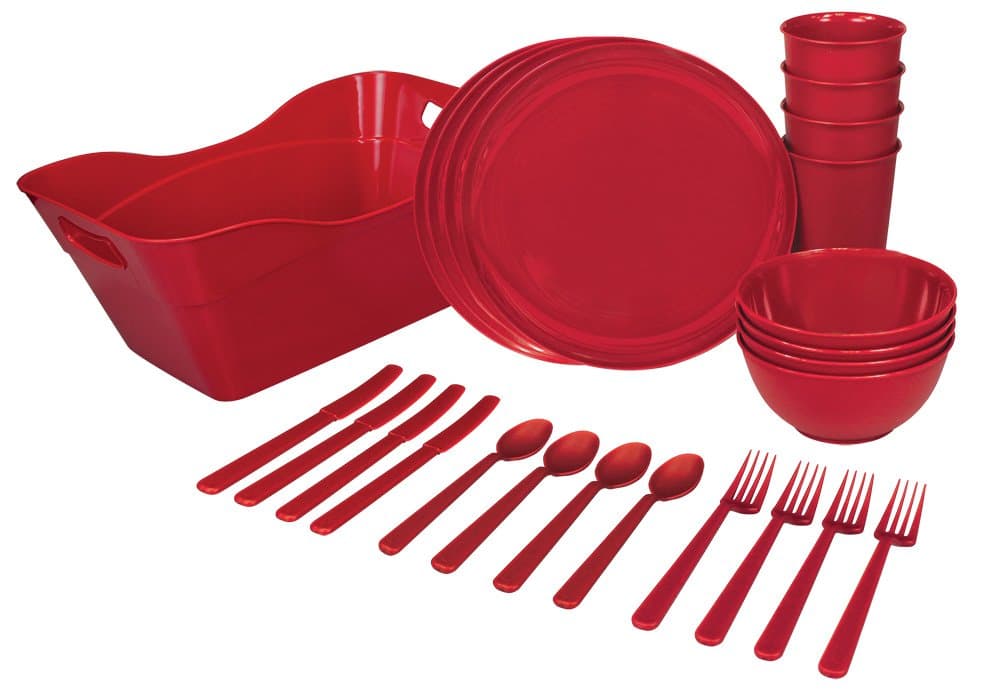 25 Piece Reusable Plastic Dinnerware Set with Storage Caddy, Red, by Party Peacock