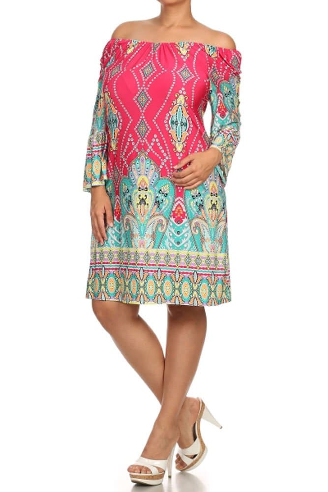 (Plus Size) Tapestry Print 3/4 Bell Sleeve Knit Boho Dress (Made in U.S.A)