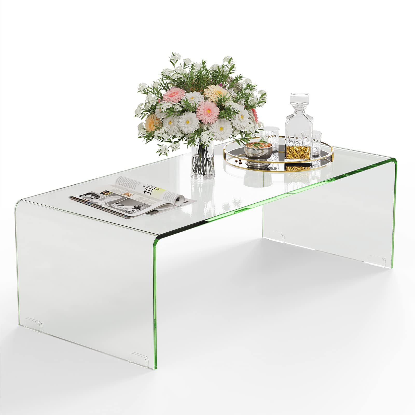 Tangkula Glass Coffee Table, 42.5" L × 20" W ×14" H, Modern Home Furniture, 0.47" Clear Tempered Glass End Table, International Occasion Tea Table, Waterfall Table with Rounded Edges (Clear)
