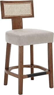 26’’ Rattan Barstools with Back Counter Height Bar Stool Set of 1, Grey PU Leather Modern Kitchen Counter Stoolq Upholstered Farmhouse Wicker Stool, Boho Bar Stool Chairs with Natural Wood Frame