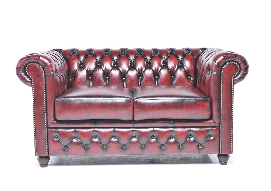 Original Chesterfield Sofa - 2 Seater - Full Real Hand Washed Leather - Antique Red
