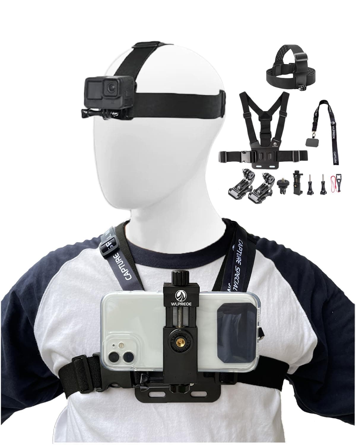Phone Chest Mount Head Strap Accessories Kit - POV Phone Holder for Vlogging Video Compatible With iPhone 17 16 Pro Max Plus 15 14 13 - Hands Free Body Camera Mount for Immersive Fishing Recording