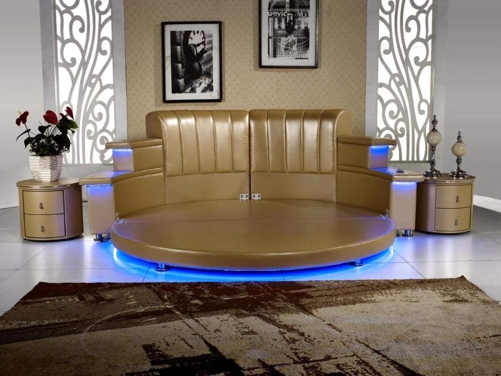 Modern Genuine Leather King Bedroom with Led, Speaker, Round Soft Bed