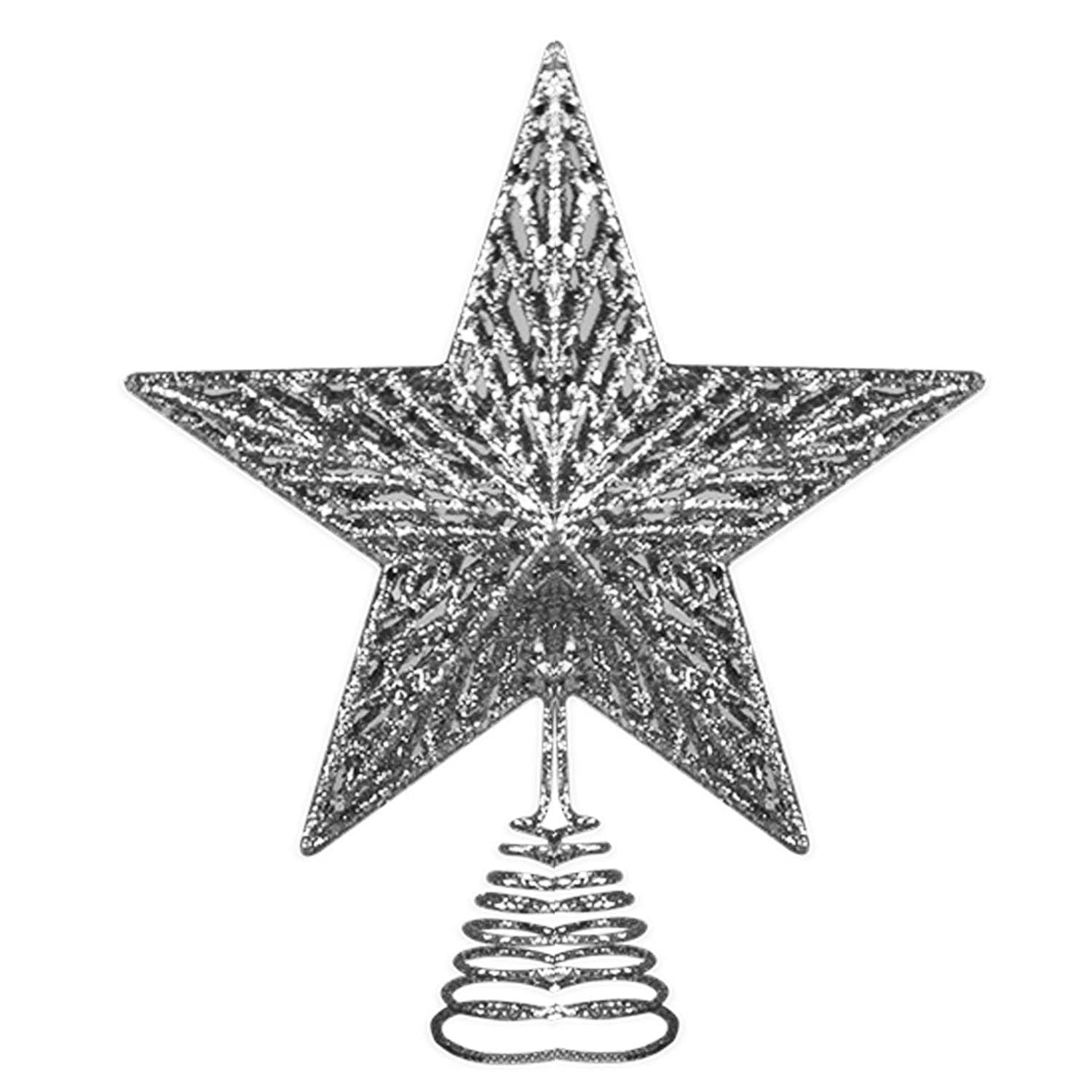 AKH® Christmas Tree Topper Star | 25 cm - Size | Glittered Star | Metal Glitter Star Tree top | Xmas Party Decoration Ornaments | For Christmas Tree Decorations (Silver)
