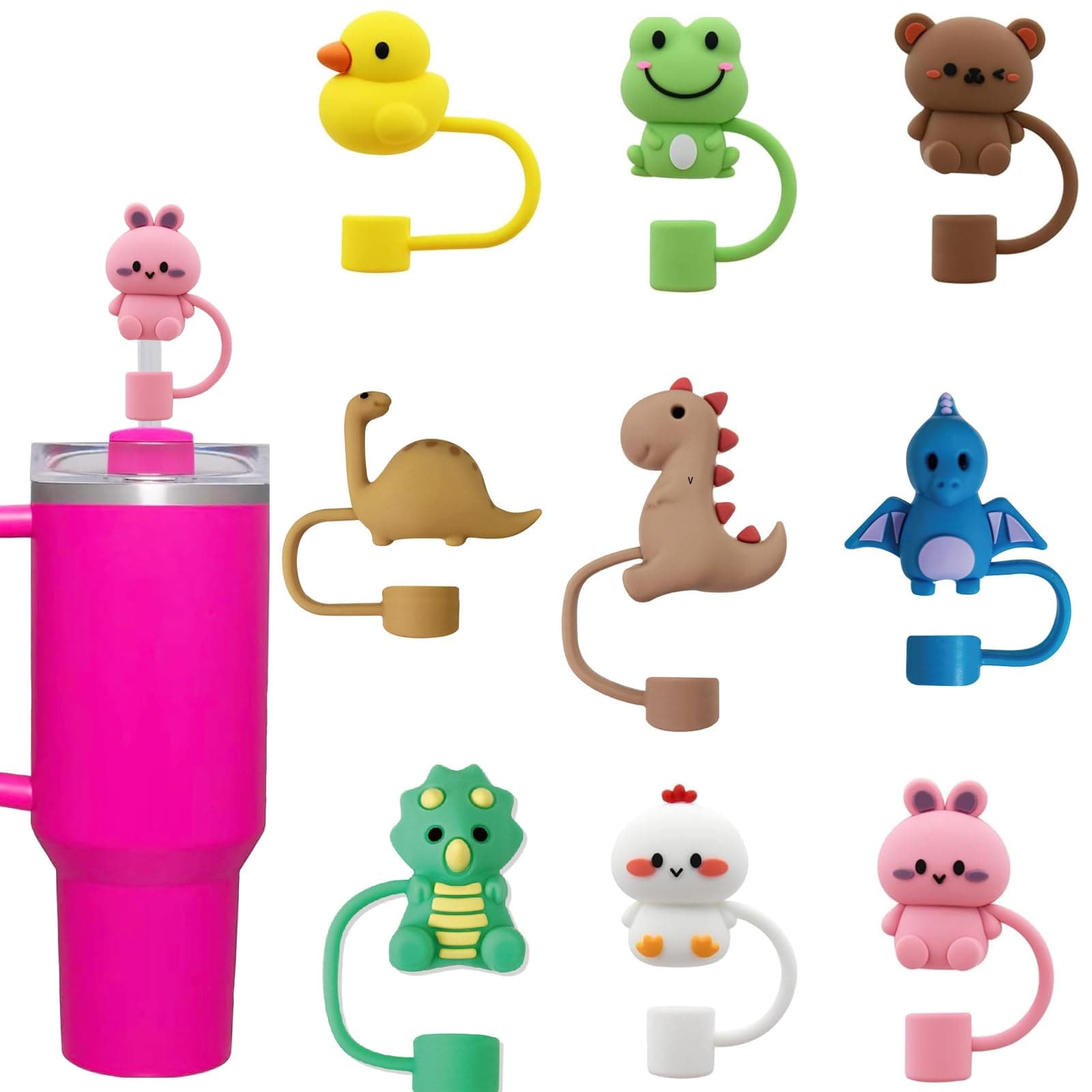 9Pcs Straw Cap for Stanley Cup, 10mm Cute Straw Toppers for Tumblers, Animal Silicone Straw cover for 30&40oz -21