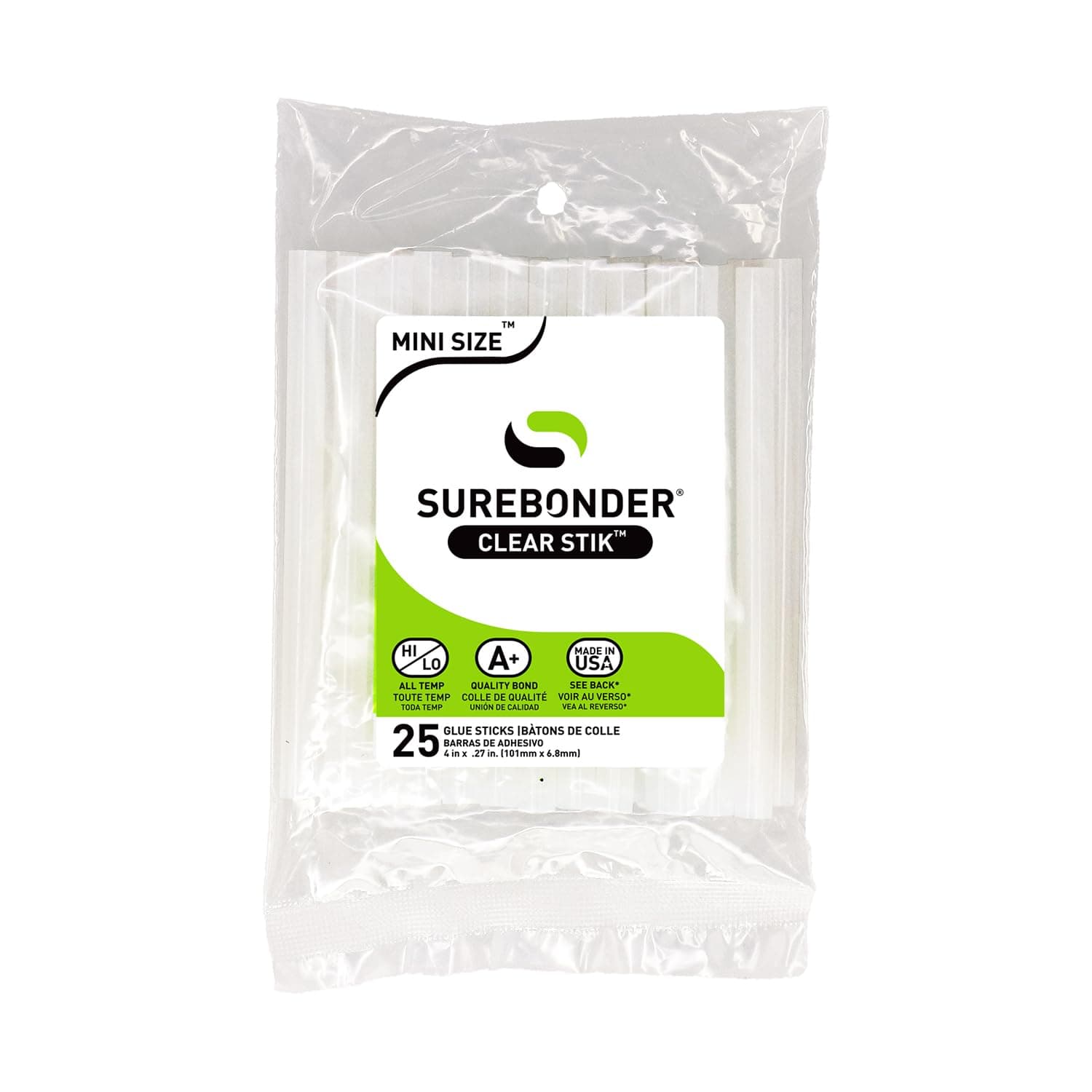 Surebonder "Clear Stik" Hot Glue Sticks for All Temperatures - Mini Size 4" L, 5/16" D - 25 Pack - All Purpose, Made in USA (DT-25)