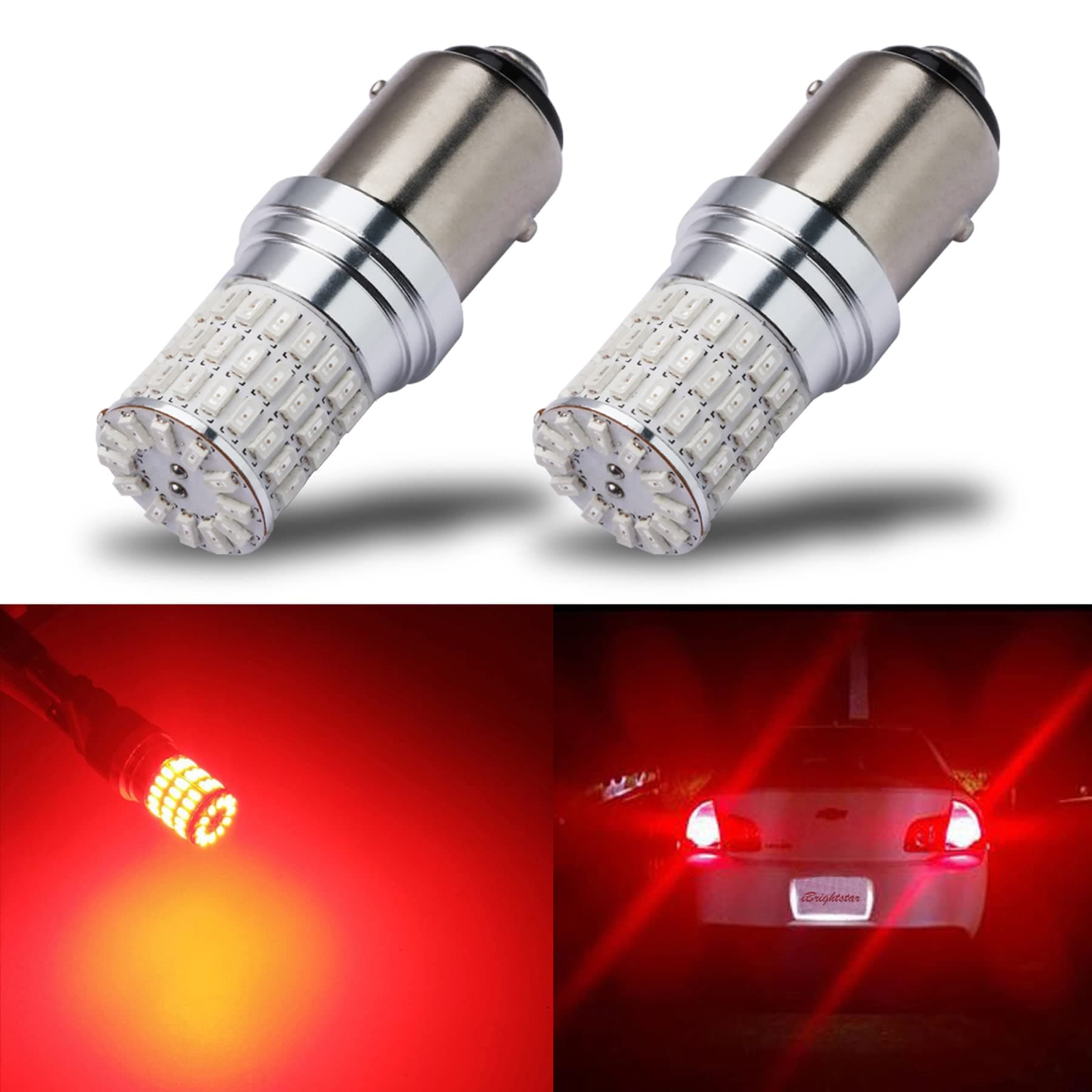 iBrightstar 9-30V Flashing Strobe Blinking Brake Lights 1157 2057 2357 7528 BAY15D LED Bulbs Replacement for Tail Brake Stop Lights, Brilliant Red