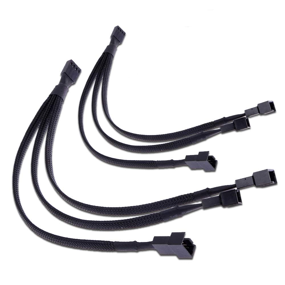 PWM Fan Splitter Adapter Cable Sleeved Braided Y Splitter Computer PC 4 Pin Fan Extension Power Cable 1 to 3 Converter 10 inches (2 Pack)