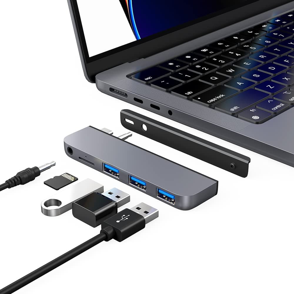Qwiizlab USB C Hub 5-in-1 Adapter, USB 3.0 Data Port, microSD Card Reader, 3.5mm Audio Port for 2024/23/22/21 14/16-inch MacBook Pro M4/M3/M2/M1 Pro/Max (Gray)