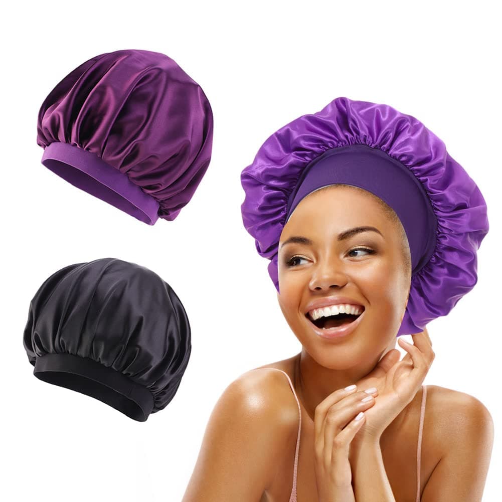 Satin Bonnet, Women's Satin Sleeping Cap, 2 Pieces Sleep Cap, Silk, Night Cap, Bonnet, Adjustable Silk Bonnet, Silk Bonnet for Sleeping, Soft Satin Cap for Curls, Women, Black + Purple, Black +