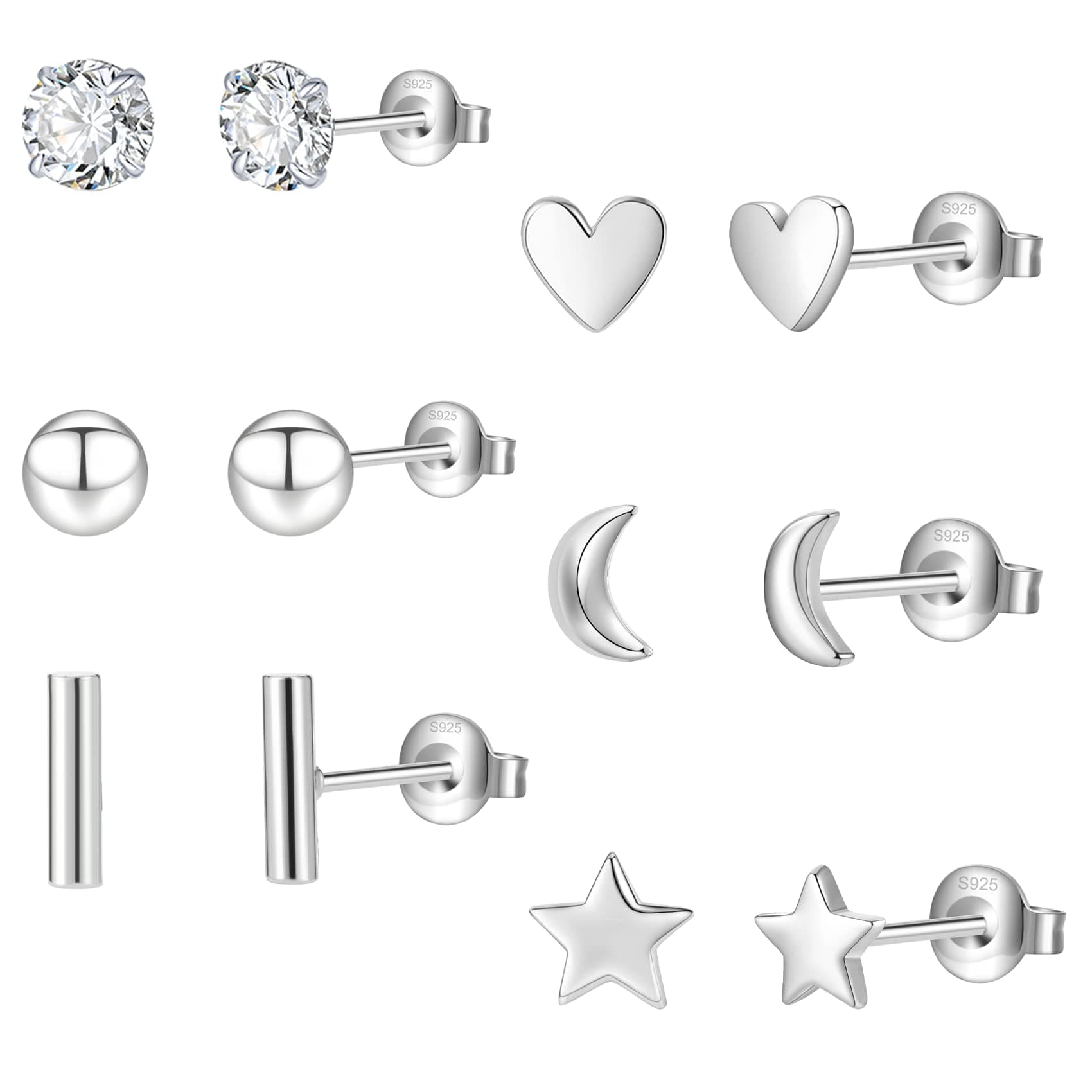 6Pairs Silver Studs Earrings for Women Sterling Silver Stud Earrings 6Pairs Silver Studs Earrings for Women Star Moon Ball Heart Sets for Teens Girls Gifts with Boxs