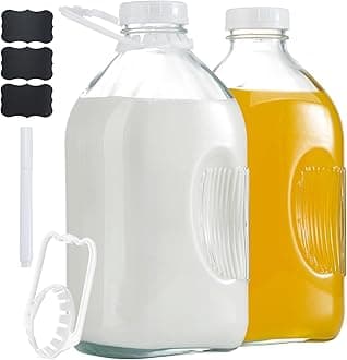 Glass Milk Jugs Bottles - Half Gallon / 2Qt Container Pitcher with Airtight Screw Lids and Handle for Milk, Breastmilk, Juice, Iced Tea, Cold Water, 64 OZ Set of 2