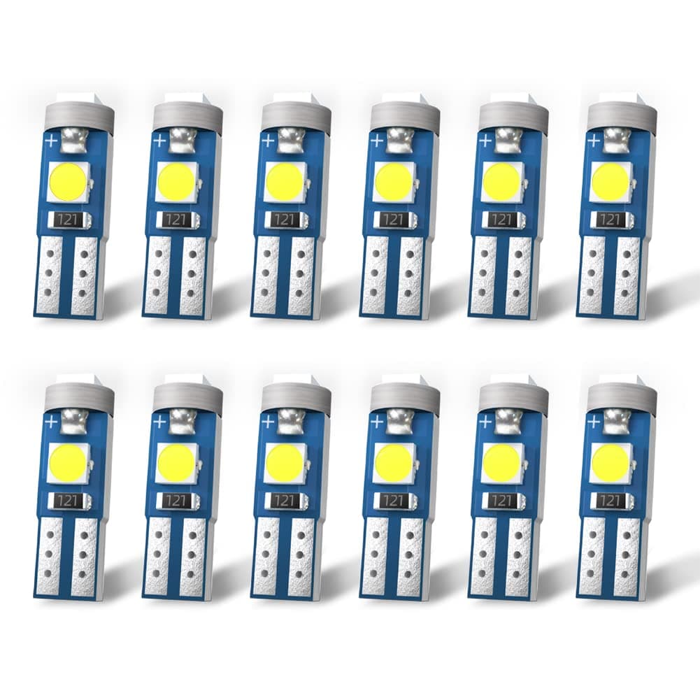 Long Life T5 74 73 2721 LED Bulb Dash Lights 3030 Chipsets CANBUS Error Free for Dashboard Instrument Panel Cluster AC Lights Bulb Replacement,Pack of 12 (White)