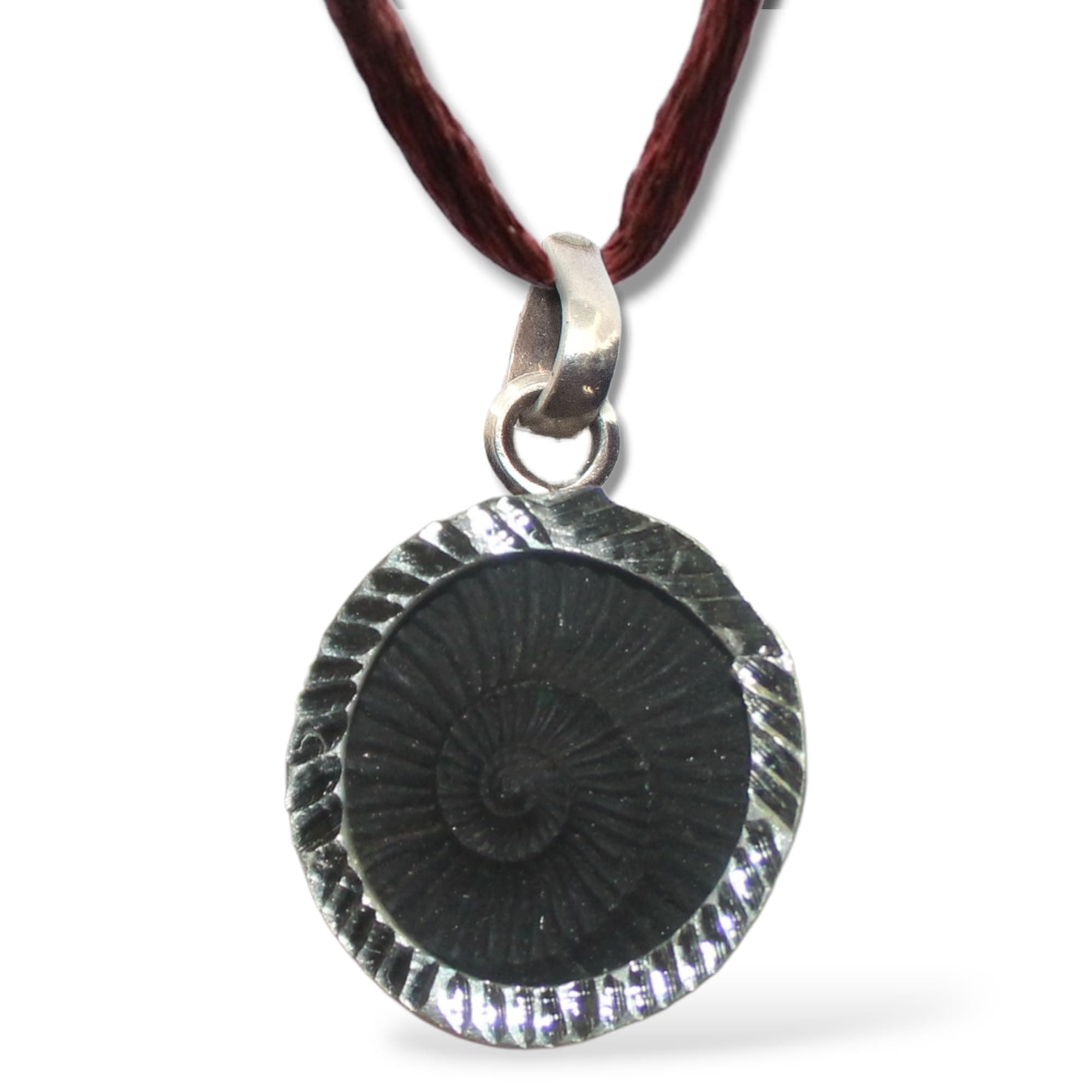 GangTarang Shaligram Silver Pendant/Locket in Red Silk Thread | Nepal Gandaki River Chakra Saligram (Shaligram Pendant)